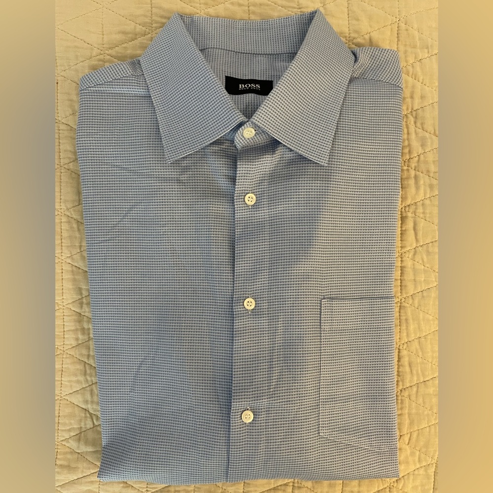 HUGO BOSS Woven Nailhead Spread Collar Shirt in Blue Size 17 1/2 $145